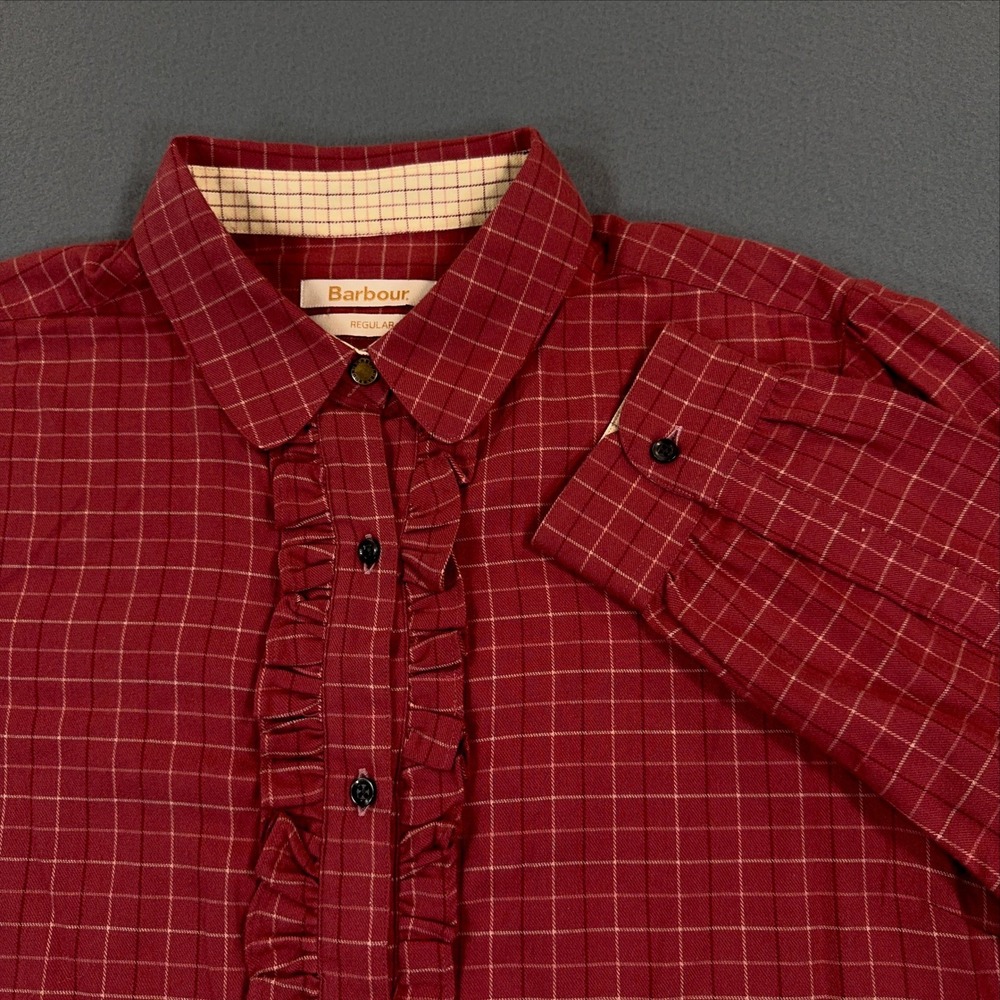 Barbour Tack Wild Ginger Red Plaid Ruffle Front Cotton Blouse Shirt Womens 14